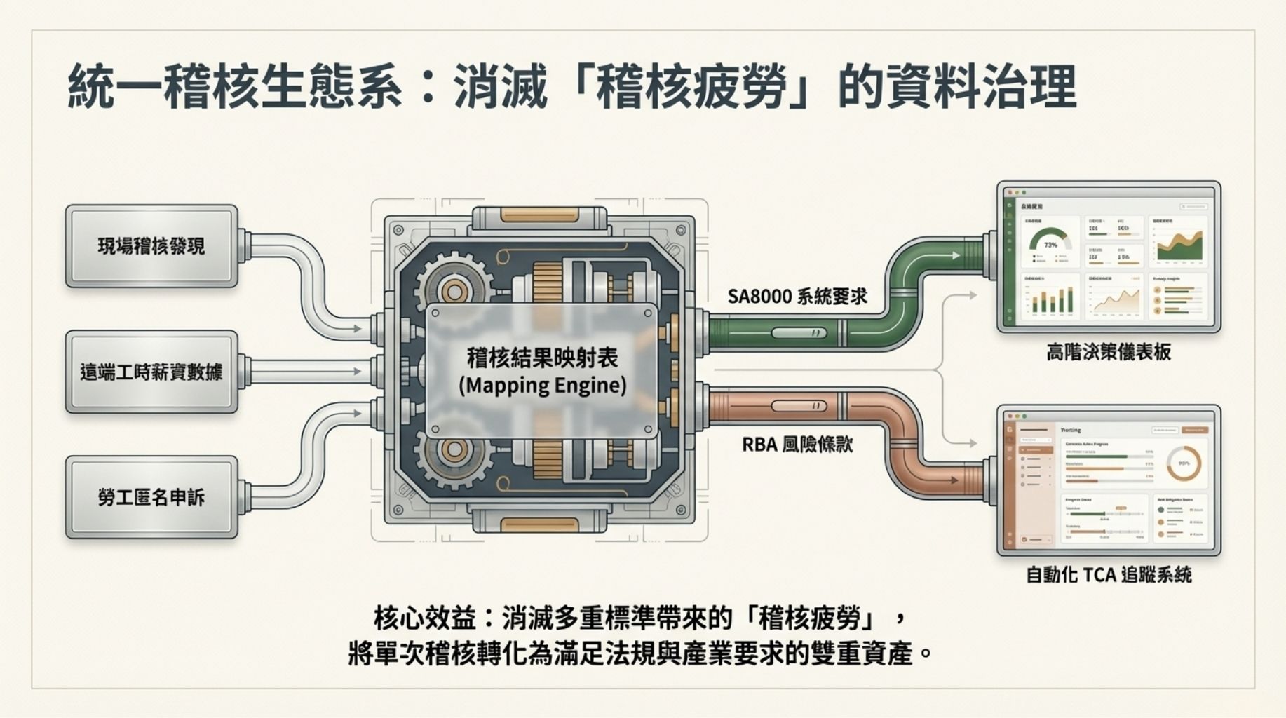 統一稽核架構：從供應商管理延伸到分包商與價值鏈節點 為落實先前提到的供應商管理、分包商涵蓋與合約條款，企業需將稽核設計為一個風險導向且能橫跨多層供應鏈的統一架構。單一標準式稽核無法回應 SA8000:2026 所強調的價值鏈責任與 ILO 指標式風險評估需求；因此，稽核必須結合法令遵循、ILO 指標風險識別與合約中規定的時限性糾正（timebound corrective actions）條款，從而把合約義務轉化為可驗證的稽核指標（Golden Brother, 2026）。在實務上，這要求稽核範圍包括主承包商、分包商及其關鍵原料或服務來源，並以風險高低分層決定稽核頻率與深度（ISOLeader, n.d.）。驅勢國際管理顧問 (Q-Trent) 在協助客戶建立此類架構時，常建議先以風險矩陣界定「必稽、抽稽、例查」三類供應節點，再把合約中的糾正時限直接映射到稽核報告追蹤欄位，以強化問責與可追溯性（勞動部, n.d.）。 風險分層稽核: 針對高風險供應商（例如涉及高勞動集中或分包普遍的節點）採取完整現場稽核；中低風險以文件審查與遠端監控補強。